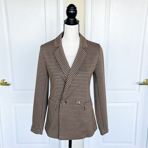 Ann Taylor Size 00 Houndstooth Caramel Brown Gold Button Side Pocket Winter Coat - Picture 2 of 14